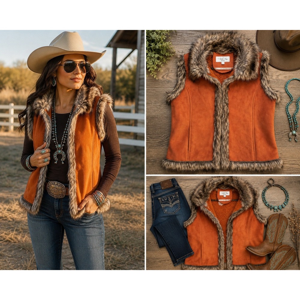 Tasha Polizzi Faux Suede Fur Trim Vest Orange Western Boho Southwest Large
